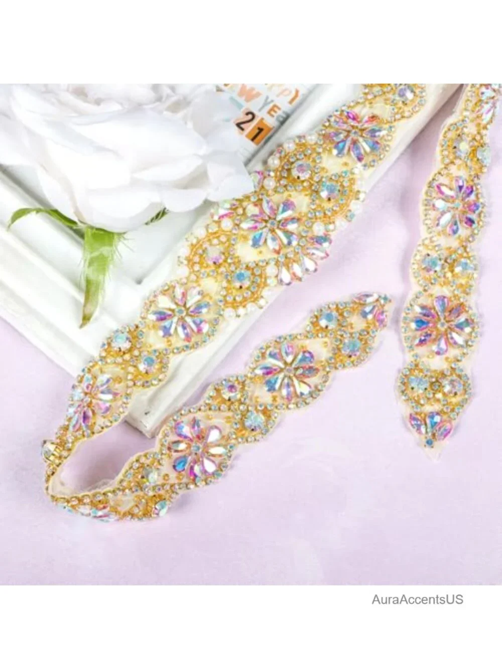Rhinestone Wedding Belt Sash with Applique Bridal Dress Accessory